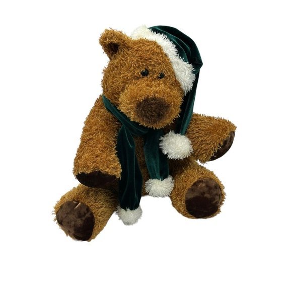 Kurt S Adler Sparkly 10" Brown Bear Stuffed Plush with Green Santa Hat and Scarf - Picture 6 of 8